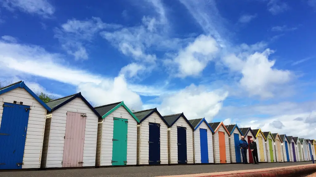 Beach huts at Paignton with colourful doors and blue skies