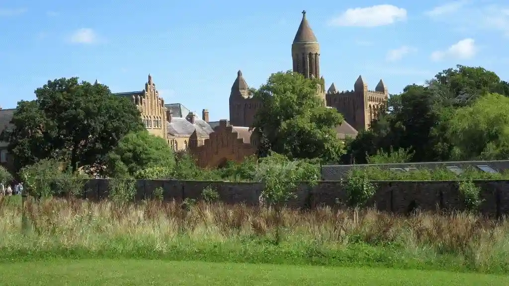 Quarr Abbey buildings with surrounding wall