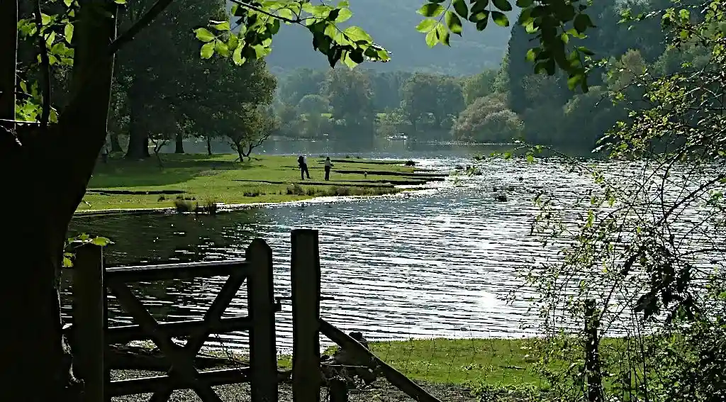 Trees, a wooden gate and a glistening Lake District river in the background