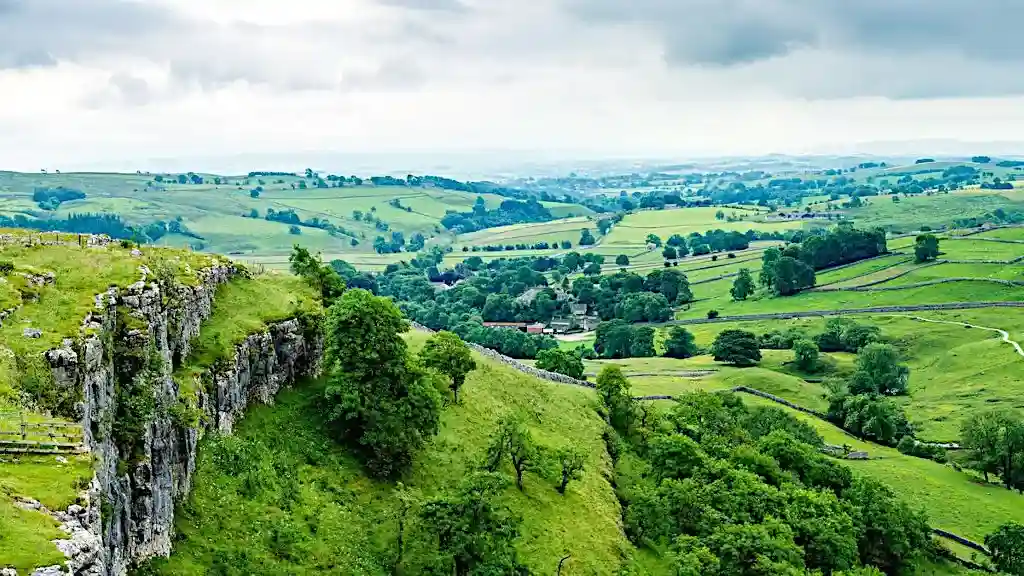 Wide view over grassy rugged landscape in Yorkshire