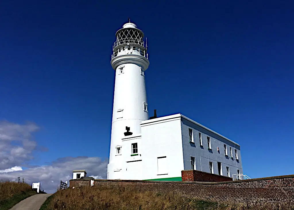 White lighthouse against blue sky