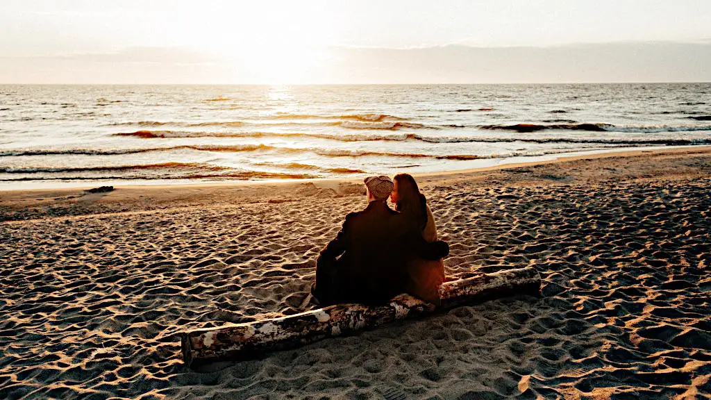 Couple at beach sitting on a log, looking at the sea