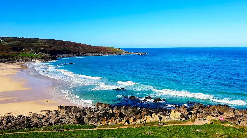 Wide view of Porthmeor beach and the sea