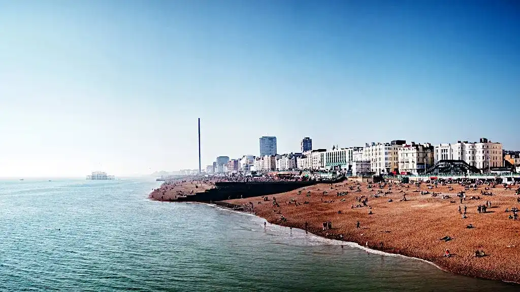 Panoramic view of Bright seafront, Brighton Beach and iconic landmark, the British Airways i360 observation tower